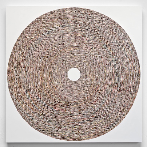 circle, repetition, shape, minimal, abstract, geometric, collaged painting, acrylic, tape