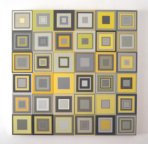 square, contemporary art, singular forms repeated, collaged painting, yong sin