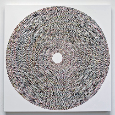 circle, repetition, shape, minimal, abstract, geometric, collaged painting, acrylic