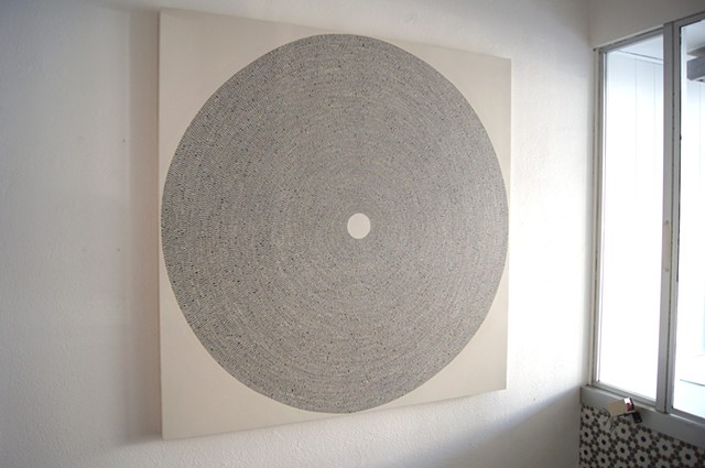circle, collaged painting, art, painting, yong sin, yongsin, singular forms repeated, geometric 