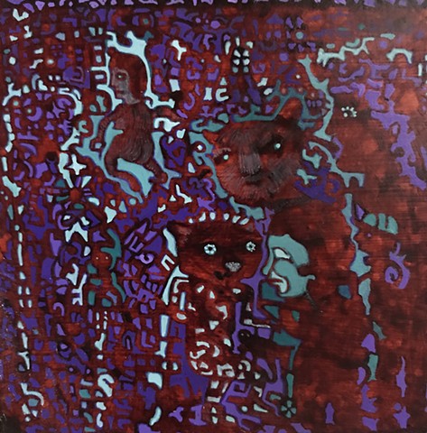 keep moving tiny painting red and purple figures 