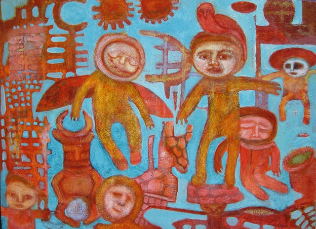 space astronauts sky blue red orange aliens figures cogs machinery expressionism 