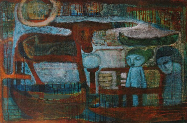 sacred cow, birth, boat, figures, expressionism, Portland artist Cathie Joy Young