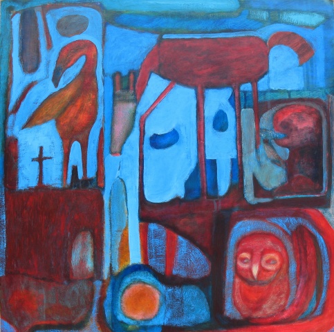 birds compartment gold and red horse expressionism acrylic painting Portland