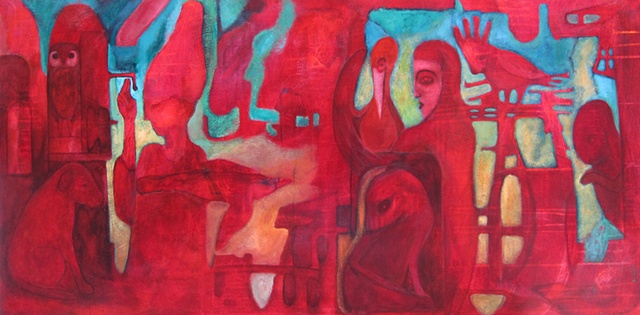painting, Portland, art, figures, red, green, acrylic, Egypt, symbolism, "cathie joy young", owls, expressionism, visionary