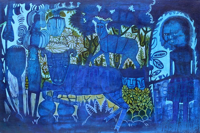 blue animals and looming figure expressionism NW art