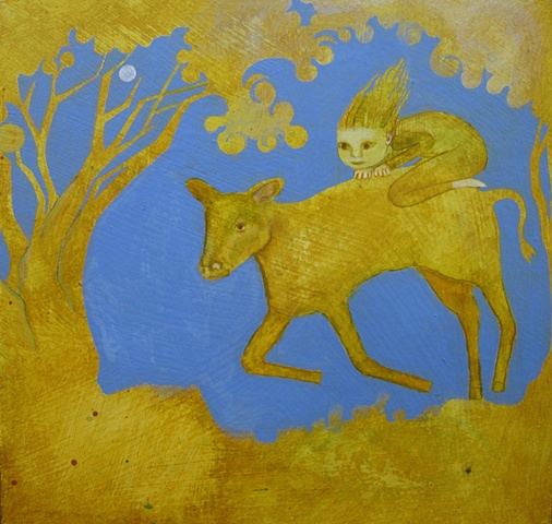 calf, golden, periwinkle, girl, child, riding, trees, painting, acrylic