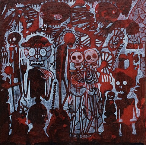 red day of the dead painting skeletons