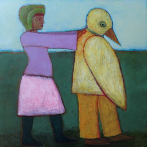woman and duck goose doctor man in field pushing yellow pink green gold dark boots hat acrylic painting