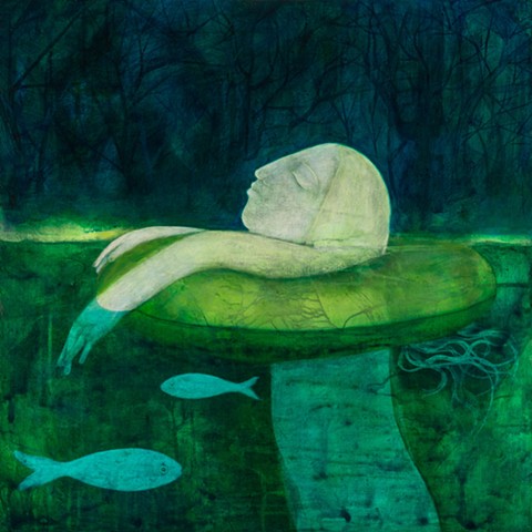 Ophelia on an inner tube in a green lake river forest profile statue figure woman acrylic painting Portland
