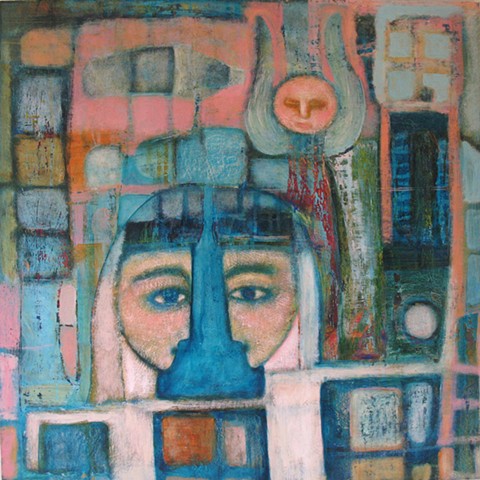 twins two pink blue mosaic figures angel ghost painting Portland artist Cathie joy Young