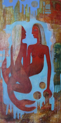 mermaids love ocean sea red water ancient architecture symbolism fish painting Portland artist Cathie Joy Young