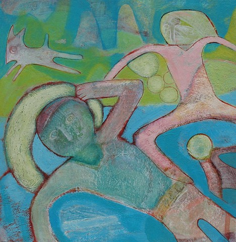 summer, water lake, blue green, figure, painting, artist Potland Cathie Joy young