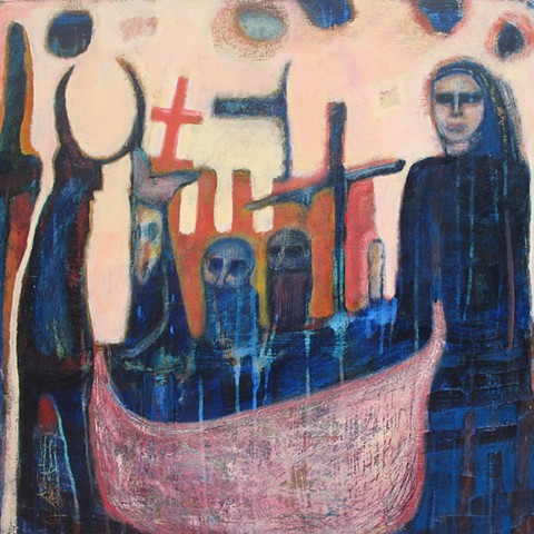 medieval ships priests beasts leaving expressionism blue orange boat pink 
