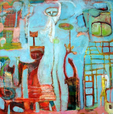 Lazarus figures abstract red blue orange white structure 