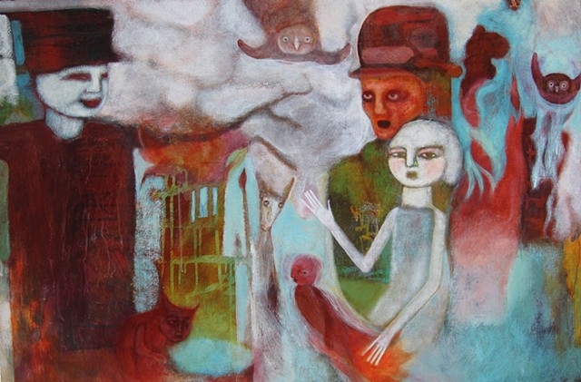 a warm place maybe below fire a girl a preacher a devil red with owls pink green acrylic expressionism