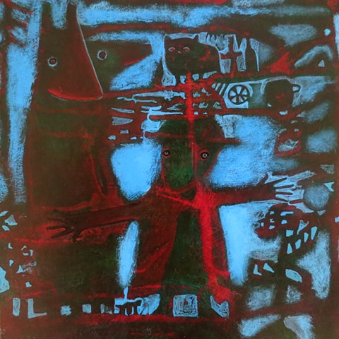 expressionism red green blue black figures hats hands structure acrylic painting Portland