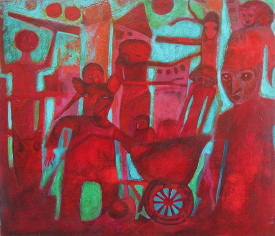 painting, red, crimson, creatures, acrylic, cabal, war, expressionism, Portland, art