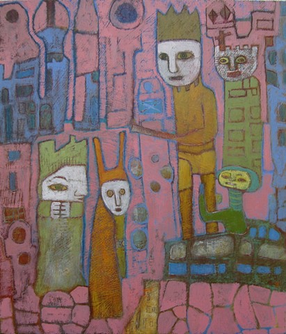 prince vendosur determined figures pink blue texture medieval royalty clergy architecture painting Portland artist Cathie Joy Young