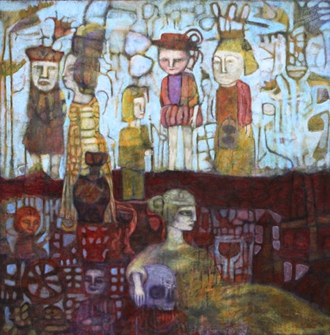 figures, bloodlines, inherited, kings, queens, golf, Scotland, Ireland, Wales,Ancestry,skull, wine,art,painting,expressionism,structure, underground, England, red, purple, 