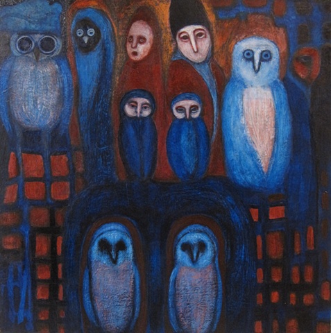 owls painting, acrylic red blue expressionism structure Portland