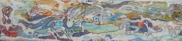 sea ocean under water mermaids fish sea creatures ballpoint pen and acrylic painting Portland