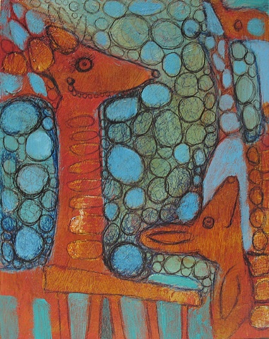 figures animals pattern abstract painting green orange blue aqua 