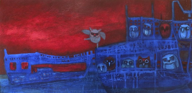 ship of owls on dee blue sea in blue boat with red sky acrylic painting Portland