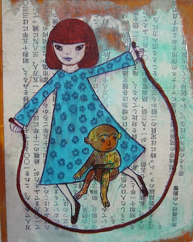 Asian, Japanese, figures, paintings, tiny, text, collage, text, paper monkey jump rope 