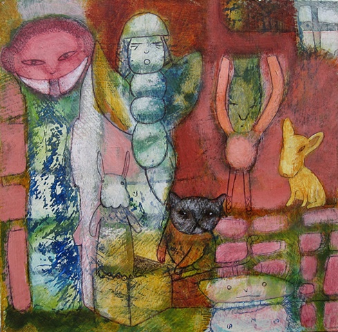 mixed media figures cat dog angel expressionism abstract rabbit angel butterfly 