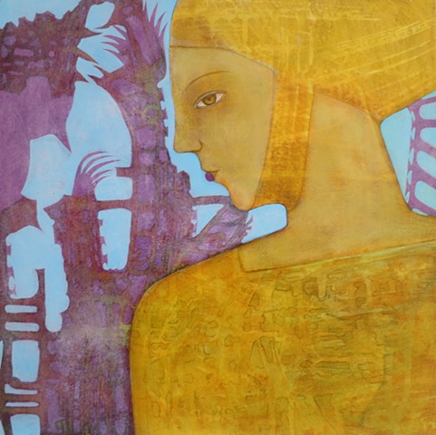 Grecian gold and purple woman ruins with berries and bird acrylic painting profile Portland