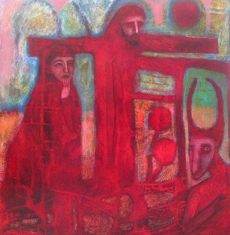 Weight, red, pastel, painting, figures, expressionism, "cathie joy young",Jesus,crucifixion 