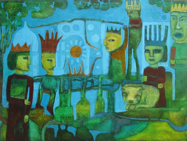 painting, Portland, art, figures, animals, creatures,blue, orange,green, expressionism, kings