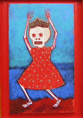 "day of the dead" skeleton figure dancing blue red turquoise skull Portland