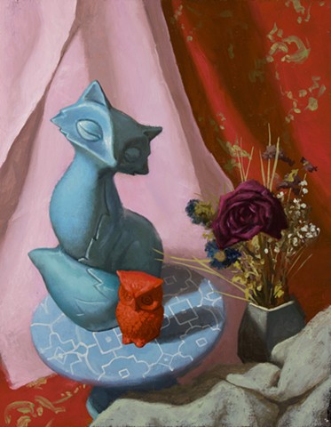 Still life with Fox, Owl, and Rose