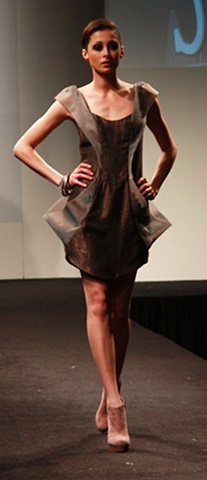 photo of model wearing silk cocktail dress designed by sarah buck mueller