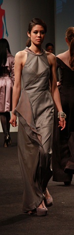photo of model wearing silk/wool gown designed by sarah buck mueller