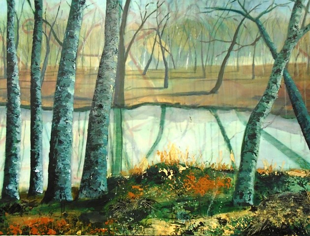 painting, trees by river