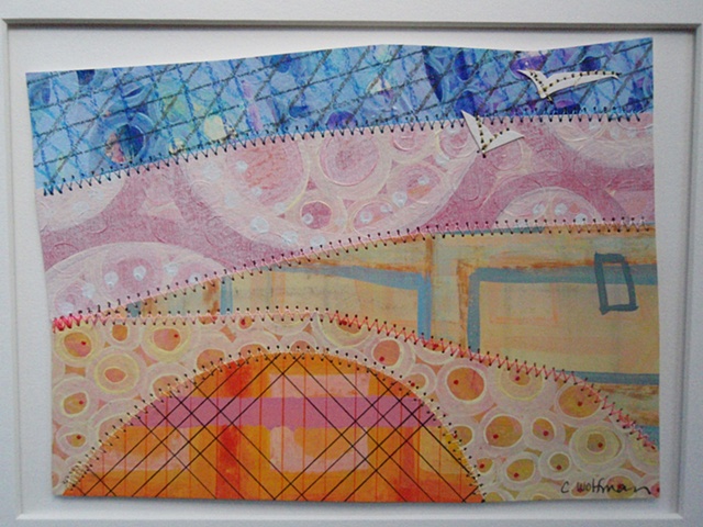 This quilt painting was created using mixed media (acrylic, water color, chalk,  ink, thread) on water color paper