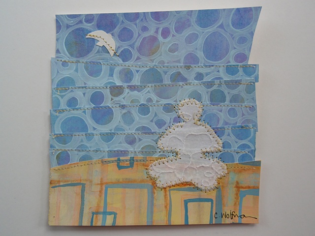 This quilt painting was created using mixed media (acrylic, water color, chalk,  ink, thread) on water color paper