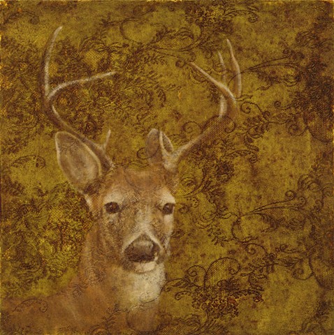 oil painting of a deer on lace textured background, green