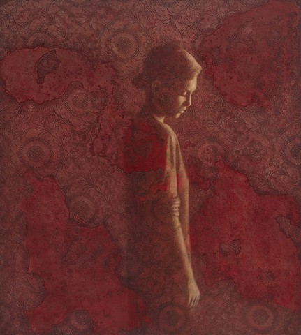 figurative painting, red, girl, woman, lace, texture