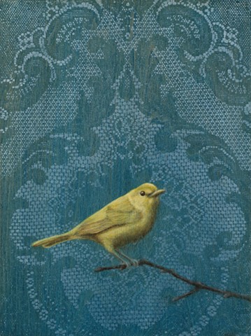 oil painting of a bird, blue, lace, canary