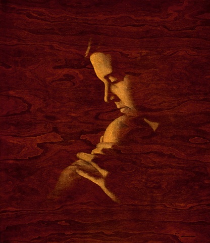 oil painting of a female figure and child on wood grain by susan hall