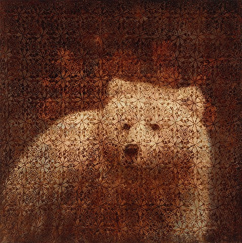 oil painting of a bear on a patterned background, dark brown, gold