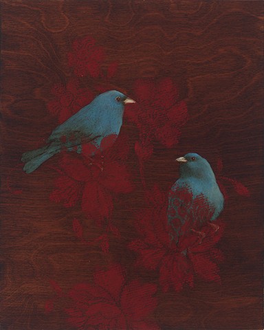 birds, wood grain, brown, red, oil painting, indigo buntings