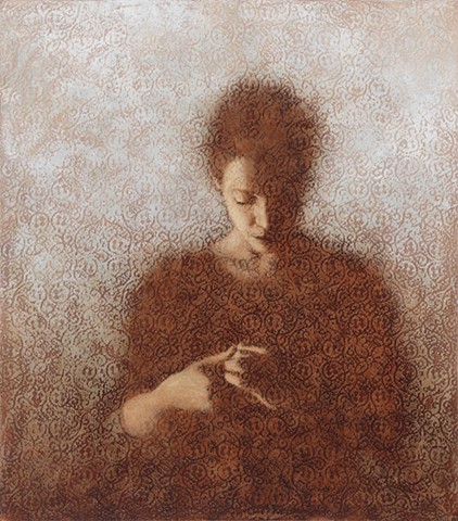 oil painting of a female figure on a lace background by susan hall