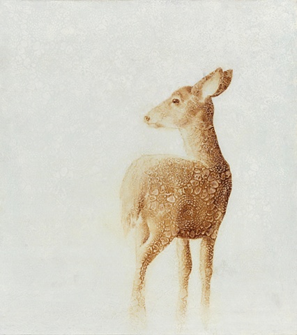 oil painting of a doe deer on lace crochet background by susan hall