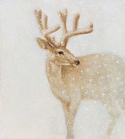 oil painting of deer buck on crochet lace by susan hall