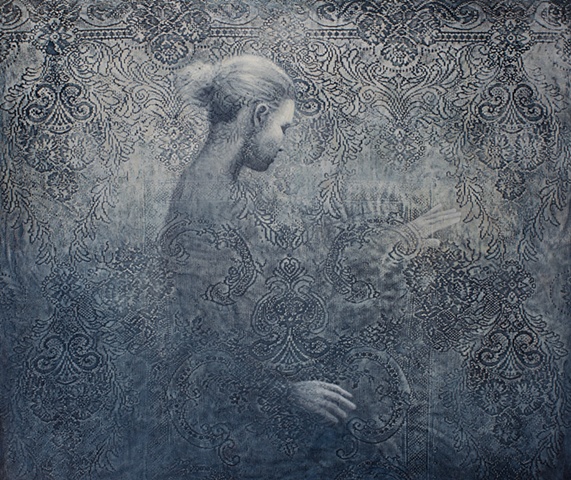 oil painting of a female figure on a lace background by susan hall
